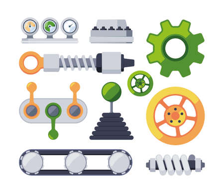 Robotic mechanism. Mechanical parts machine equipments gears buttons machinery technology tools garish vector flat templatesのイラスト素材