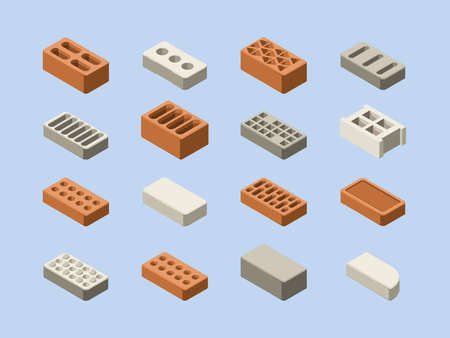 Bricks set. 3d materials for construction houses tools for buildings garish vector isometric bricksのイラスト素材
