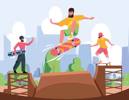 Skateboarders jumping. Action sport characters outdoor riders on skateboard playground garish vector cartoon backgroundのイラスト素材