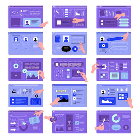Hands ui programming. Designers creating app interfaces web templates marketing set recent vector...