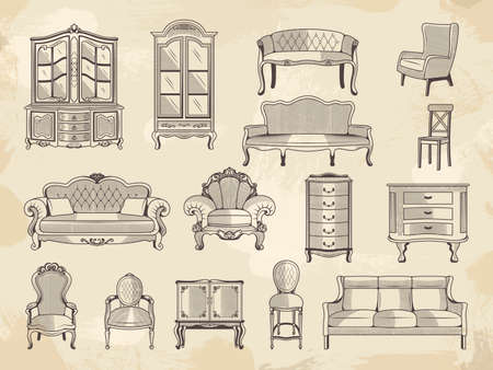 Vintage furniture. Chairs wardrobe beds and sofa tables house retro furniture recent vector hand drawn pictures collectionのイラスト素材
