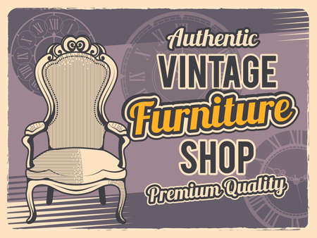 Vintage furniture poster. Ads placard with retro wardrobe table sofa chairs and place for text recent vector templateのイラスト素材