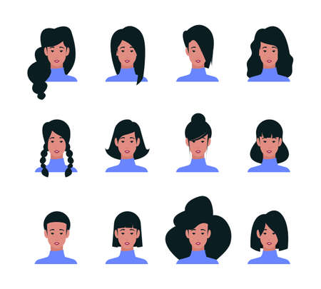 Hairstyles. Different types of hairs beauty salon models hairs of kids male and female stylish portraits garish vector templates setのイラスト素材
