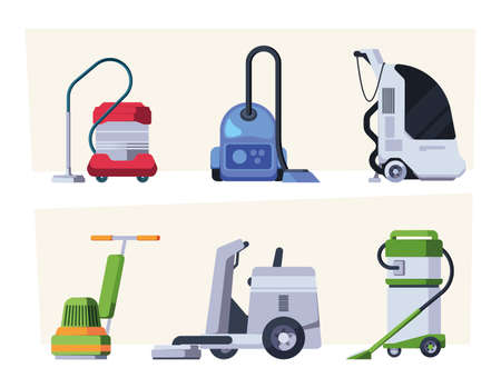 Cleaning equipment. Commercial cleaners with professional tools vacuum cleaner mops garish vector illustrations in flat styleのイラスト素材