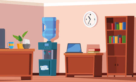 Cooler in office. Modern interior with tanks for water coolers garish vector cartoon backgroundのイラスト素材
