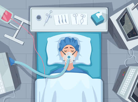 Patient in hospital. Medical treatment care for emergency life support ill persons exact vector cartoon backgroundのイラスト素材