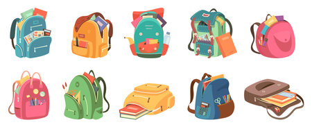 Schoolbags. Full kids students rucksack colorful bags with various education stuff exact vector illustration setのイラスト素材