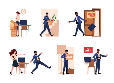 Unemployment. Angry bosses screaming to office managers personal dismisses colleague support garish vector flat illustrationsのイラスト素材