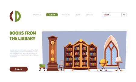 Library landing. Vintage furniture for library books collection garish vector web page templateのイラスト素材