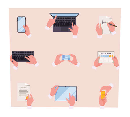 Businessman top view. Team working with smart tablets and business papers audition analytics information garish vector hands picturesのイラスト素材