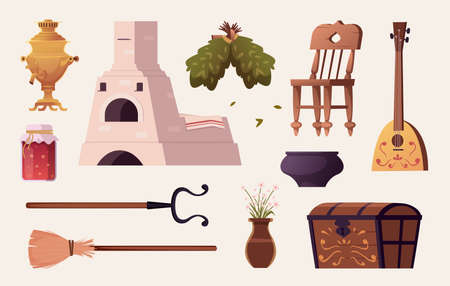 Russian interior. Authentic rural house oven old furniture collection samovar teapot for kitchen exact vector colored itemsのイラスト素材