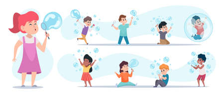 Foam bubbles for kids. Children blowing foam bubbles funny happy people playing in action poses exact vector cartoon charactersのイラスト素材