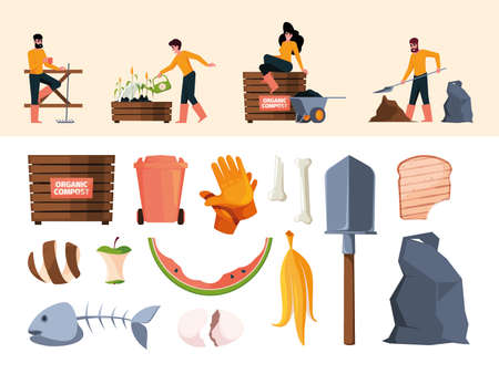 Compost production. People using natural bio fertilizer products compost processes garish vector flat agricultural charactersのイラスト素材