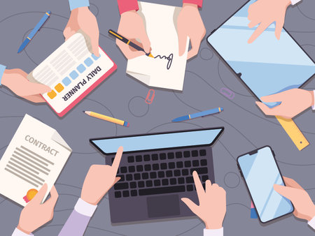 Teamwork top view. Business managers working together sitting at table and holding papers and smartphones writing at laptop garish vector backgroundのイラスト素材