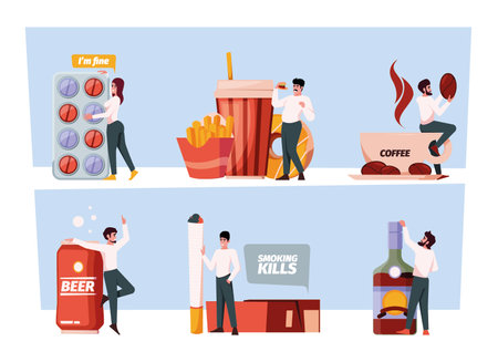 Bad habits. Adults alcoholisms drugs and various addictions male and female gambling players garish vector flat concept pictures setのイラスト素材