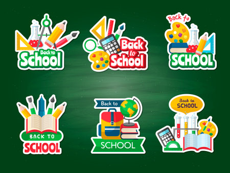 Back to school badges. Education concept colored labels and emblems for students recent vectorのイラスト素材
