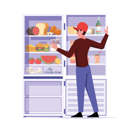 Hungry character. Man standing near fridge full with eating food meat milk eggs wine fruits and vegetables garish vector cartoon concept illustrationのイラスト素材