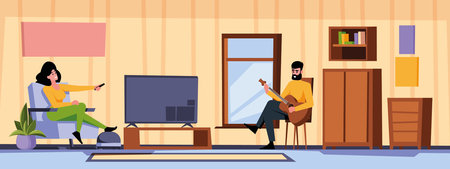Happy family. People spend happy time together at home room interior sitting on sofa and relax garish vector illustrations setのイラスト素材