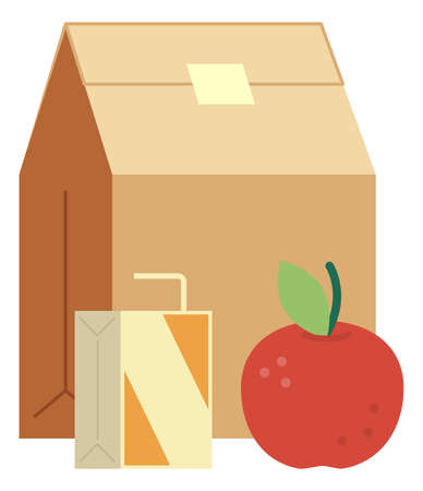 Paper bag with apple and juice box. Lunch pack iconのイラスト素材