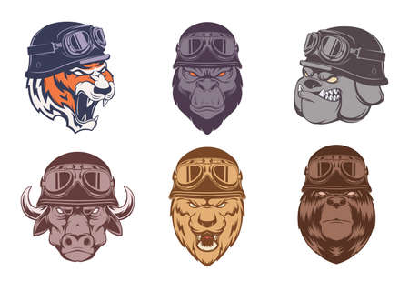 Animals bikers. Wild aggressive animals heads in helmets sport riders symbols motorbike club emblems exact vector templates set isolatedのイラスト素材