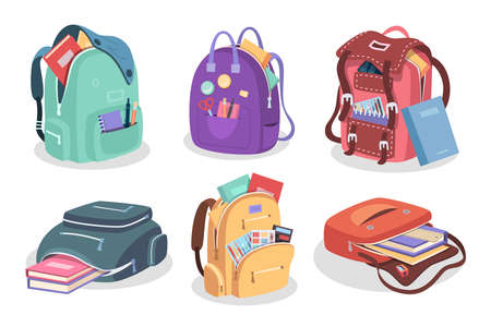School backpack. Packages and containers for students and pupils supplies for education exact vector illustrations in cartoon styleのイラスト素材