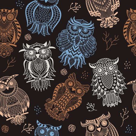 Owls pattern. Boho tribal textile design project with owls and ornate wings recent vector seamless decorative backgroundのイラスト素材