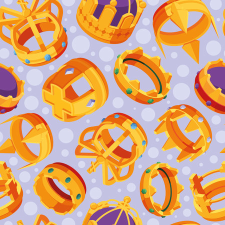 Crown pattern. Luxury royal jewelry items illustrations for textile design projects antique crown and tiara garish vector seamless backgroundのイラスト素材