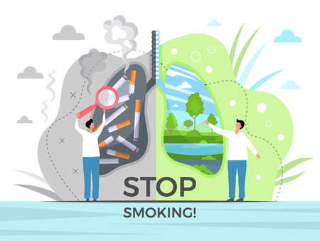 No tobacco concept. Damaged lungs in unhealthy human body destroyed respiration systems recent vector background in flat styleのイラスト素材