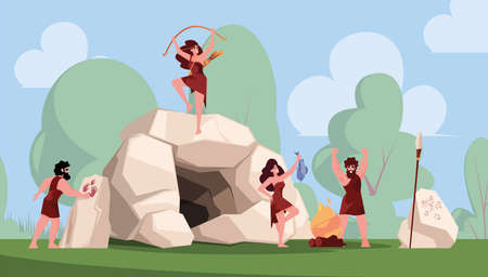 Cave man. Prehistorical period neandrathal people survive near bonfire garish vector cartoon backgroundのイラスト素材