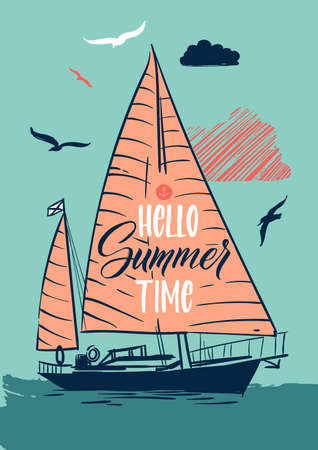 Hello summer time poster. Retro sailing ship flyerのイラスト素材