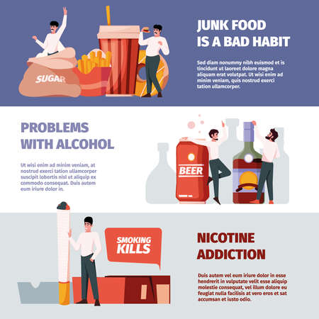 Destruction habits. Adults persons with bad addictions overeating alcoholism drugs gambling garish vector horizontal bannersのイラスト素材