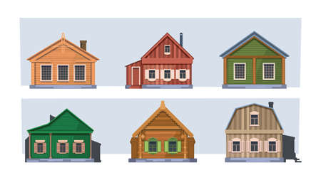 Russian rural buildings. Row village houses russian village garish vector wooden constructions in flat styleのイラスト素材