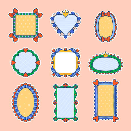 Cute frames. Funny templates for scrapbook photos graphic sketchy curly decorative frames recent vector collectionのイラスト素材
