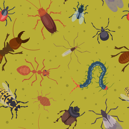 Insects pattern. Ants flea roaches harmful bugs illustrations for textile design project exact vector seamless backgroundのイラスト素材