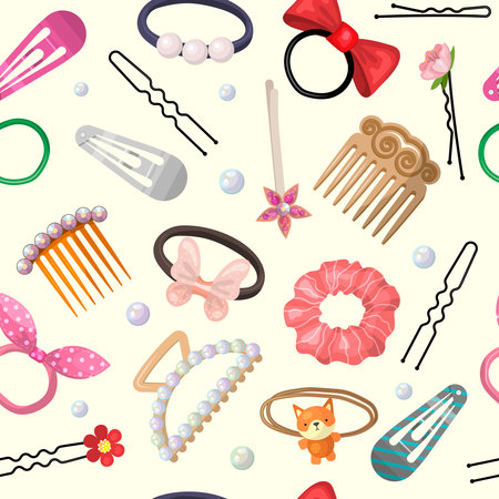 Hair accessories pattern. Beauty stylish items for hair grooming and care processes plastic pins rubber bands recent vector seamless background in cartoon styleのイラスト素材