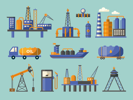 Oil industry. Gas petroleum nature oil from industrial pipe concept icons technical valves recent vector flat symbolsのイラスト素材