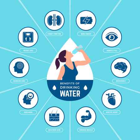 Water benefits. Drinking symbols liquid healthy nutrition for eyes skin and stomach recent vector symbols of waterのイラスト素材