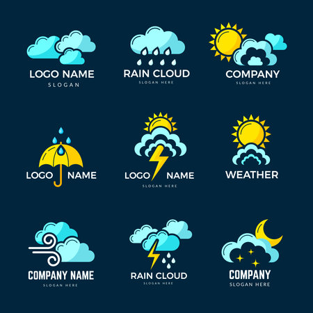 Weather icons. Sun clouds rainbow lightning rainy symbols recent vector stylized templates of business identityのイラスト素材