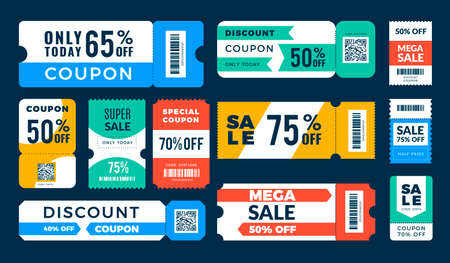 Coupon discount. Retail ads banners with price drop stickers barcode templates recent vector illustrations setのイラスト素材