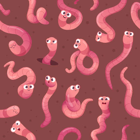 Worms pattern. Crawlers in action poses funny creeping insects in ground exact vector seamless backgroundのイラスト素材