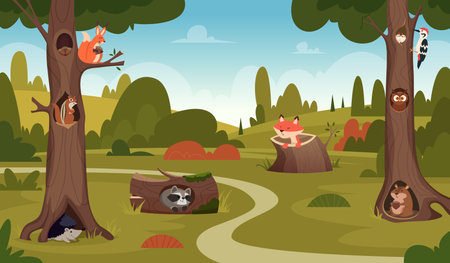 Wild forest animals. Big hollow trees for relax time exact vector cartoon backgroundのイラスト素材