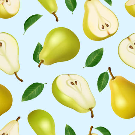 Pears pattern. Fruit juice labels with delicious healthy pears illustrations decent vector seamless realistic backgroundのイラスト素材