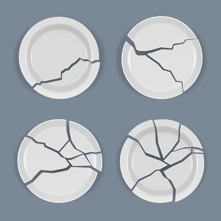 Crack plates. Realistic damaged dishware table wrek kitchen utensil decent vector templates of broken plates top viewのイラスト素材