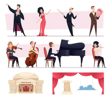 Opera singers. Cartoon characters of music band for theatrical events exact vector opera templates setのイラスト素材