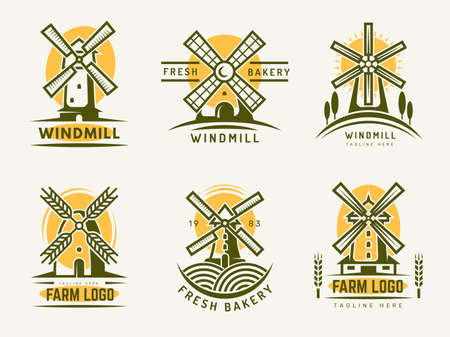 Windmill logo. Rural farm or bakery production labels and badges templates with wheat and windmill building recent vector stylized pictures setのイラスト素材