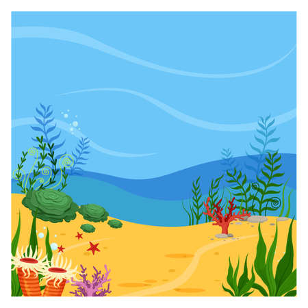 Underwater scene background. Ocean sand ground with corals and plantsのイラスト素材