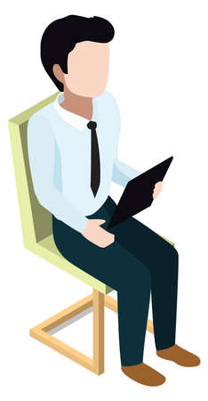 Sitting man reading document. Isometric business man workingのイラスト素材