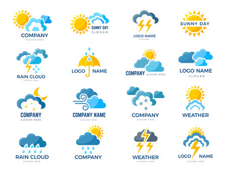 Weather symbols. Business stylized logo template with icons clouds sun lightning recent vector pictures with place for textのイラスト素材