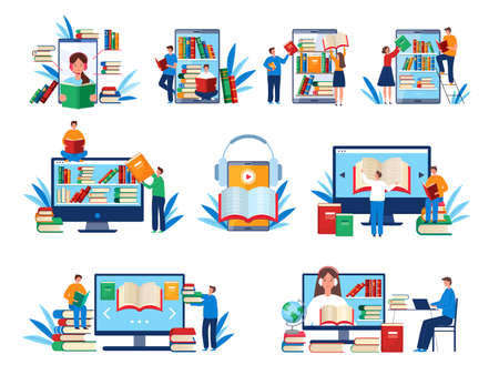 Online education. Distance smartphone library technology students listen and reading audio books recent vector flat concept pictures setのイラスト素材