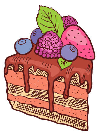 Berry cake slice with chocolate dripping. Sweet dessert doodleのイラスト素材